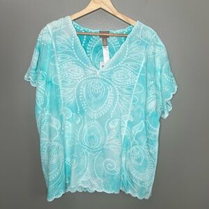 Chico’s embroidered V neckline Caribbean blue blouse beachy travel cruise resort